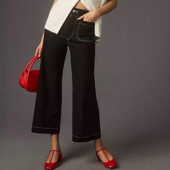 Maeve by Anthropologie Pants - Maeve Anthropologie The Colette Black Contrast Stitch Wide Leg Cropped Pants 26